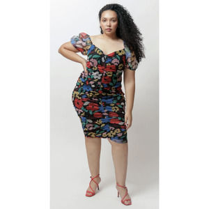 joy & ash Puff Sleeve Frankie Dress Bright Rainbow Floral Ruched Puff Sleeves 1x